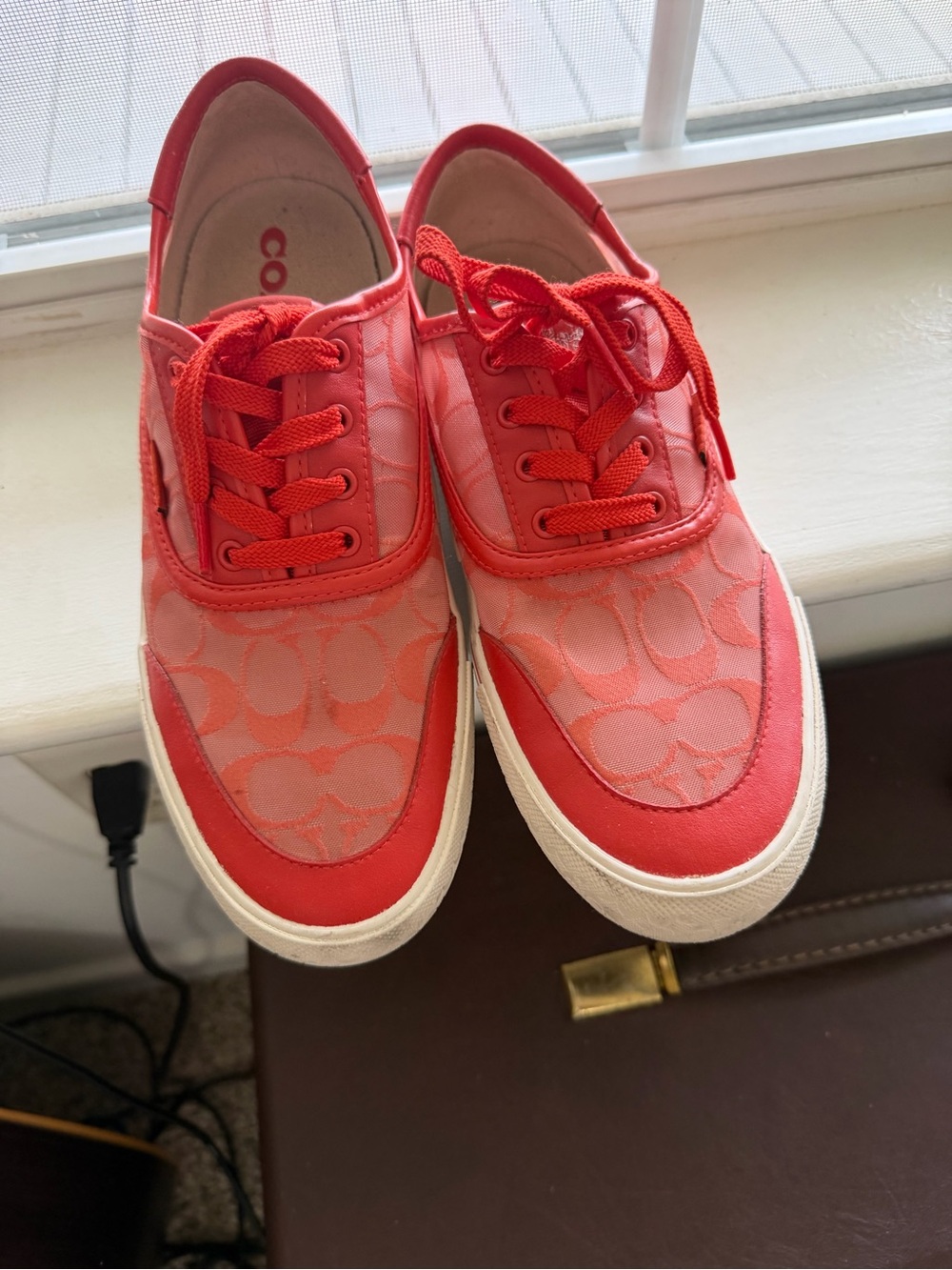 Coach Coral Red Signature Canvas Lace-Up Sneakers